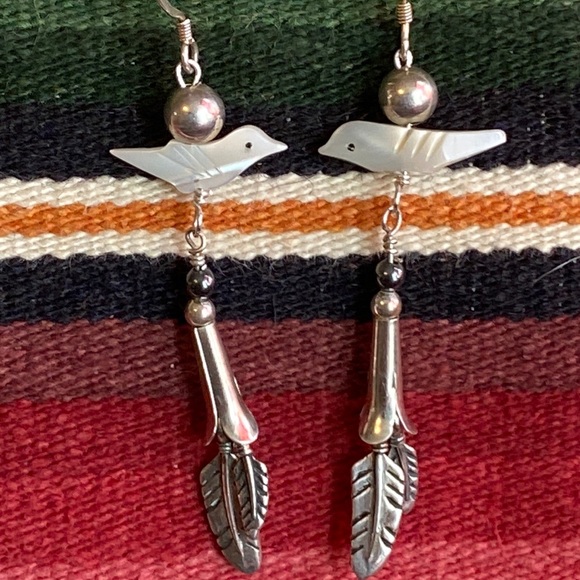 Masha Sterling Squash Blossom Feather Bird Earrings - Picture 2 of 5